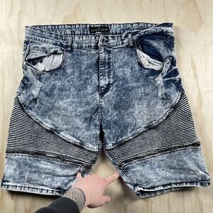 Steves Jeans Biker Denim Shorts Mens 46 Blue Acid Wash Moto Zip Stretch